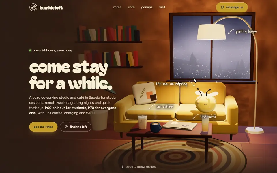 The opening screen of Bumble Loft's website, concept version