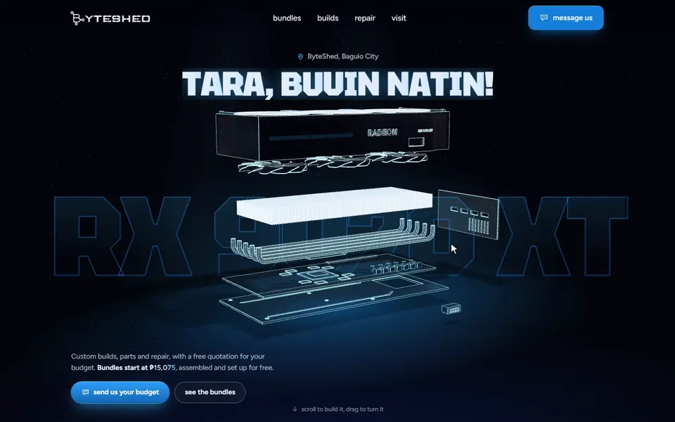 The opening screen of ByteShed's website, concept version