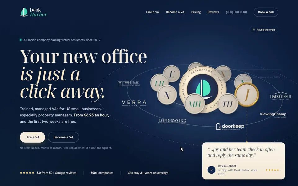 The opening screen of DeskHarbor's website, concept version