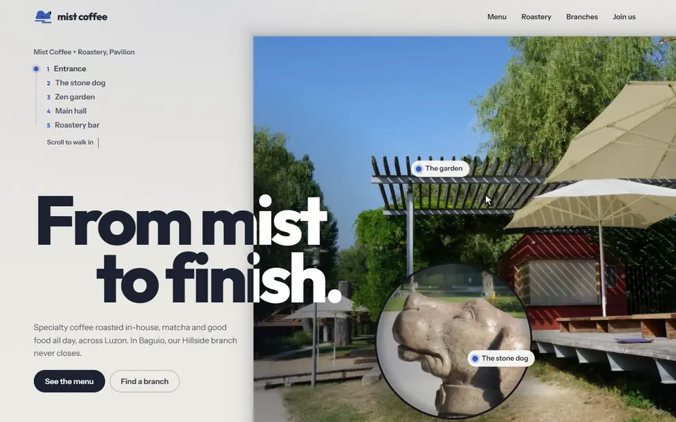 The opening screen of Mist Coffee + Roastery, take 1's website, concept version