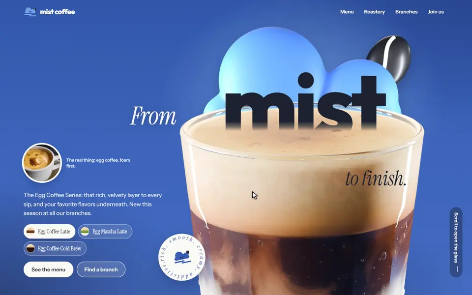 The opening screen of Mist Coffee + Roastery, take 2's website, concept version