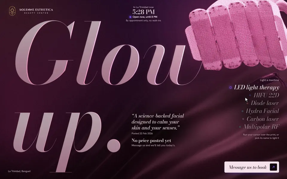The opening screen of Solenne Esthetica's website, concept version