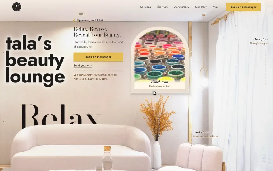 The opening screen of Tala's Beauty Lounge's website, concept version